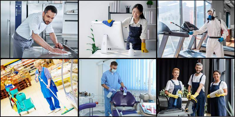 Businesses that need cleaning services include offices, hotels, and clinics.